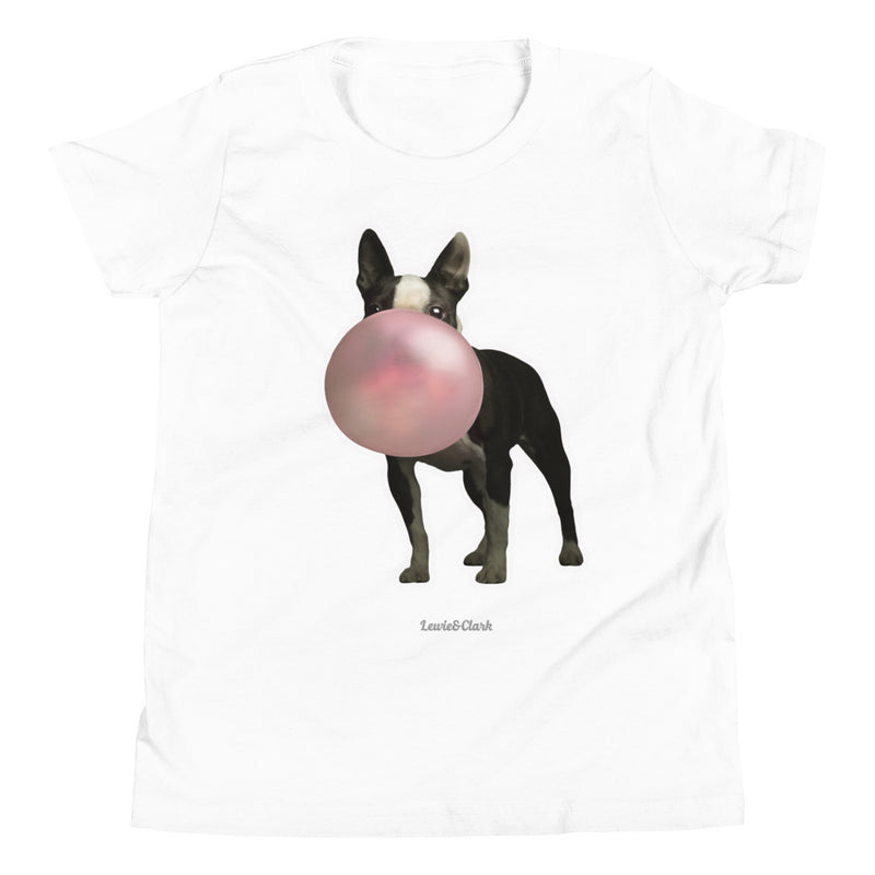 White Color Boston Terrier Shirt - Dog Blowing Pink Bubble Gum T-Shirt - Gifts for Dog Lovers Kids Girl Boy Youth- Cute and Funny Dog Tee- Unisex Shirts for Dog Owners *Free Shipping by Worlds Best Top Dog Photographer Ron Schmidt