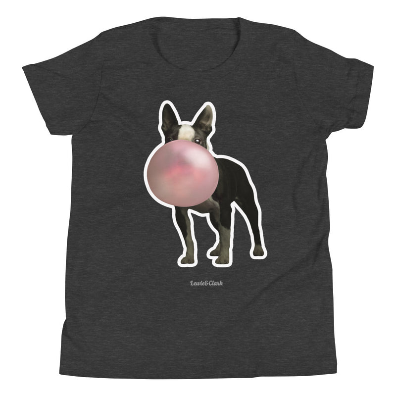 Dark Grey Boston Terrier Shirt - Dog Blowing Pink Bubble Gum T-Shirt - Gifts for Dog Lovers Kids Girl Boy Youth- Cute and Funny Dog Tee- Unisex Shirts for Dog Owners *Free Shipping by Worlds Best Top Dog Photographer Ron Schmidt