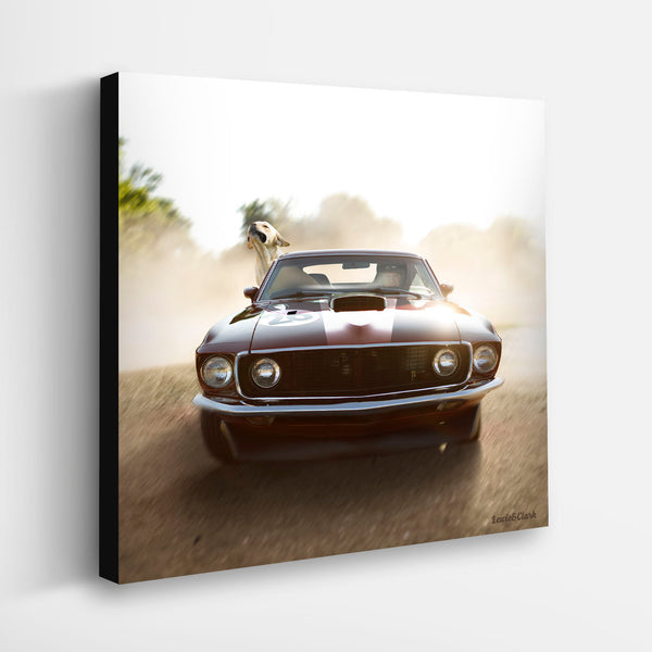 MILES Canvas Art Print - Labrador Dog Vintage Mustang Racing Car Art