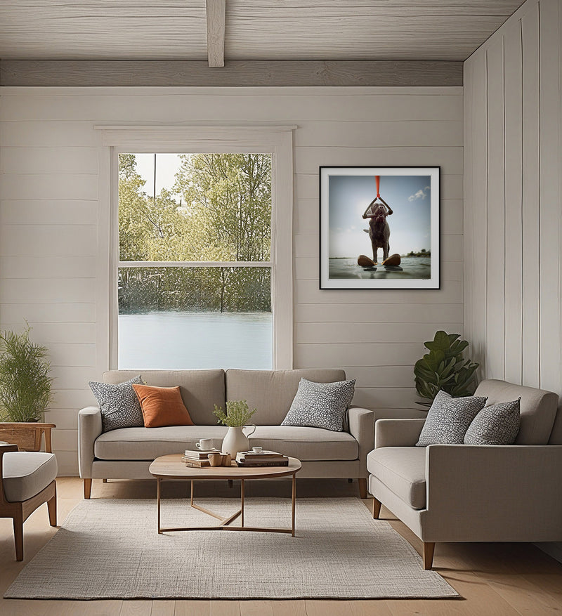 SKIP Dog Waterskiing Canvas Art Print - Black Labrador Lake House Art