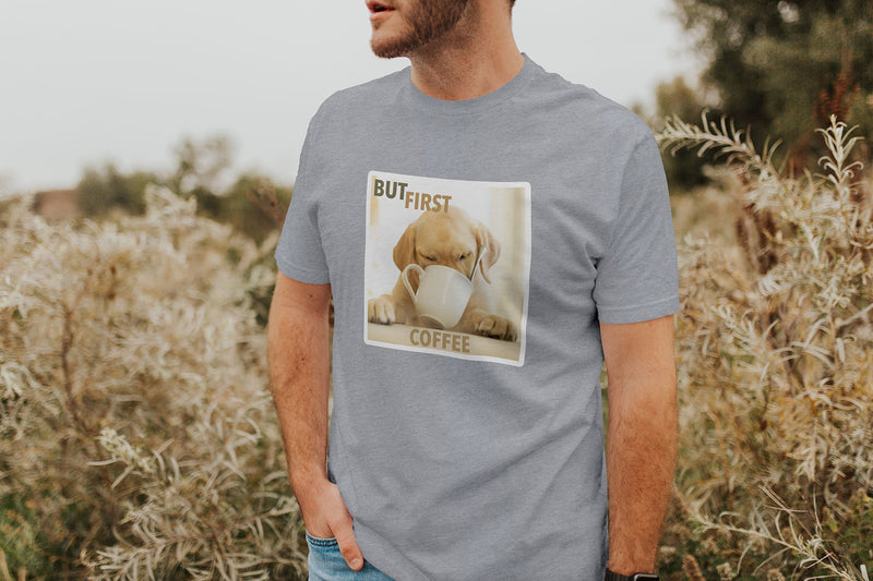 But First Coffee T-Shirt - Dog Lover Coffee Drinker Shirt - Yellow Labrador Lover Gift Tee