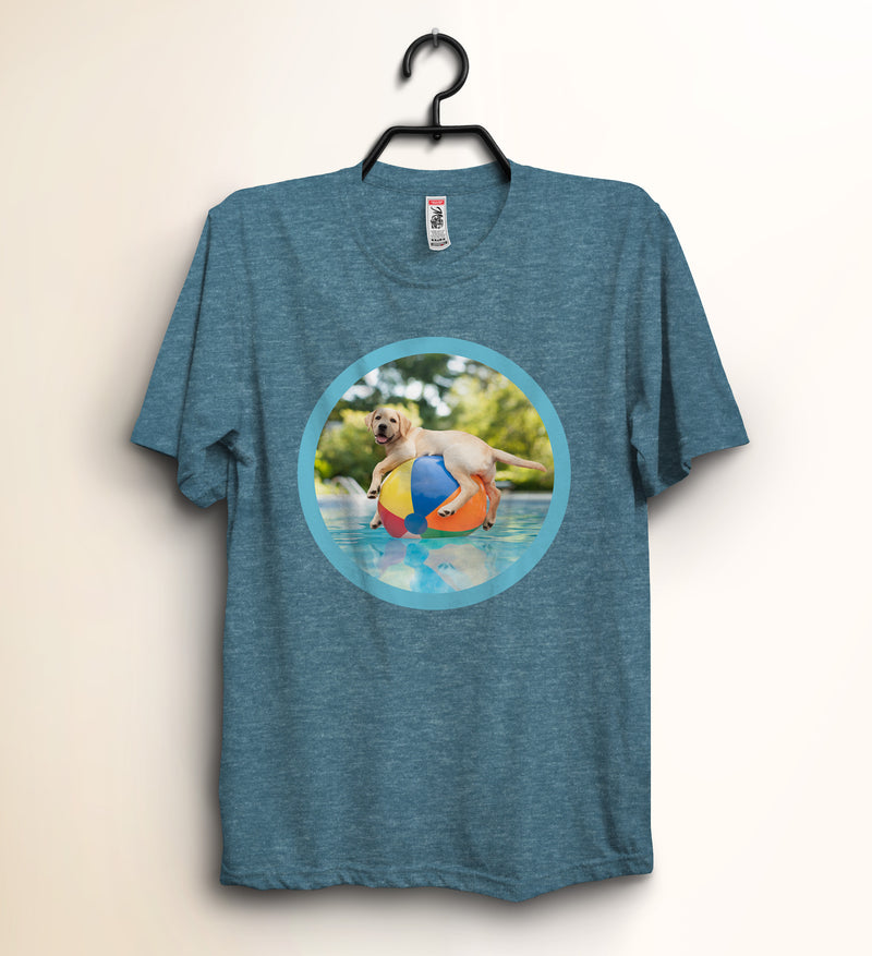 Dog on Beachball in Pool T-shirt - Dog Lover Tee - Yellow Labrador Retriever Shirt