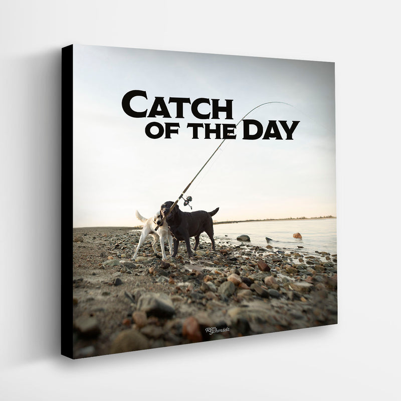 Catch of the Day - Dog Fishing Wall Art - Labrador Retriever Art Canvas Wall Decor for Home, Beach House, Cottage, Getaway. 