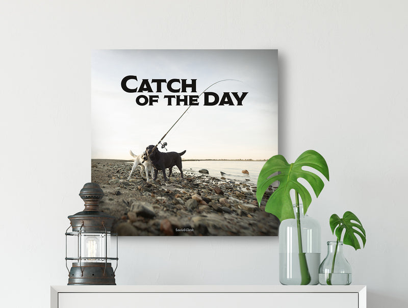 24x24 Canvas on Wall Catch of the Day - Dog Fishing Wall Art - Labrador Retriever Art Canvas Wall Decor for Home, Beach House, Cottage, Getaway. 
