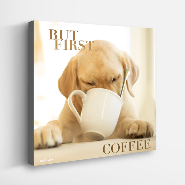 But First Coffee Dog Art Canvas - Yellow Labrador Dog Lover Kitchen Wall Decor