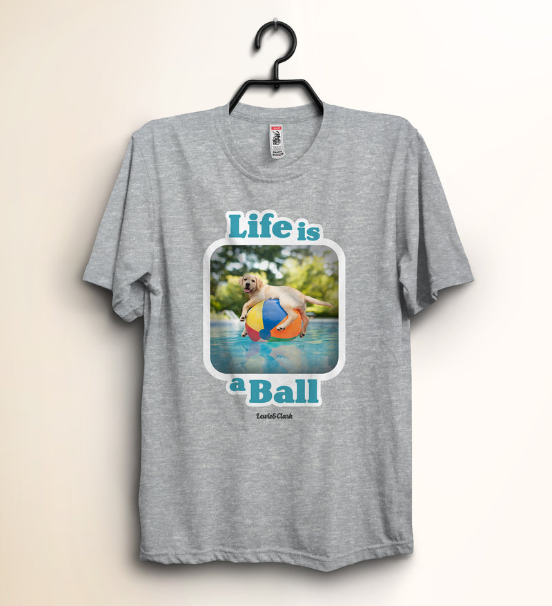 Light Gray Shirt - Lab on Beach Ball in Pool - Dog shirt, kids dog shirt, Fun, Puppy, Dog, Pool, Shirt for dog lover, Dog gift for kid, Gift for dog lover, Lab Shirt, Labrador Retriever, Puppy t-shirt, t-shirt, Shirt, Tee, Dog T-shirt for Girl, Dog Shirt for Boy, beach ball shirt, Pool party shirt, Kids, Short sleeved, 100% cotton, World's Top Best Dog photographer Ron Schmidt, Lewie and Clark