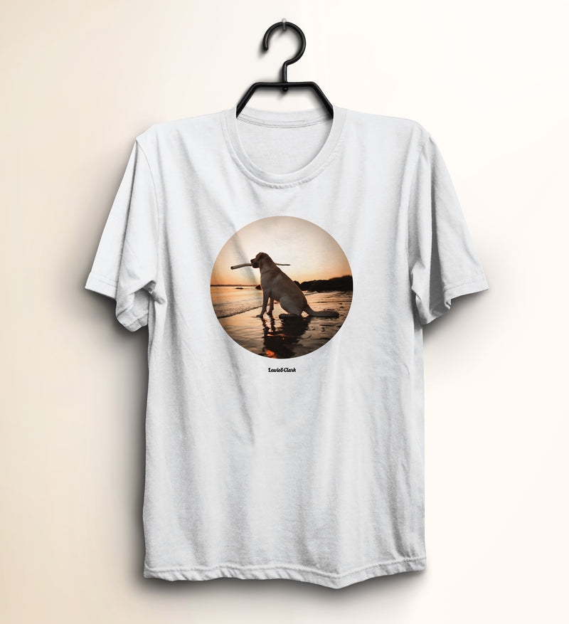 Dog at Beach Sunset T-Shirt - Yellow Labrador Tee - Dog Lover Shirt