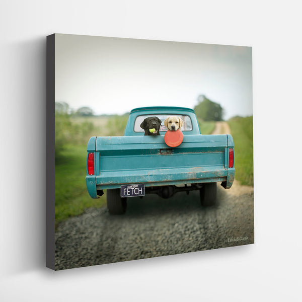 FETCH Dogs in Vintage Blue Truck Canvas Art Print - Labrador Wall Art