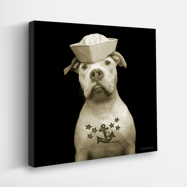 FLUKE Sailor Dog Canvas Art Print - Black & White Pit Bull Tattoo Art