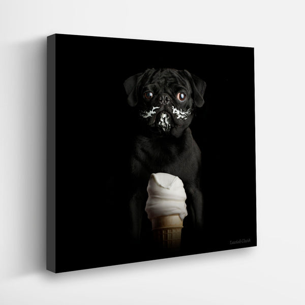 FRENCHY Ice Cream Cone Canvas Art Print - Black Pug Dog Wall Decor