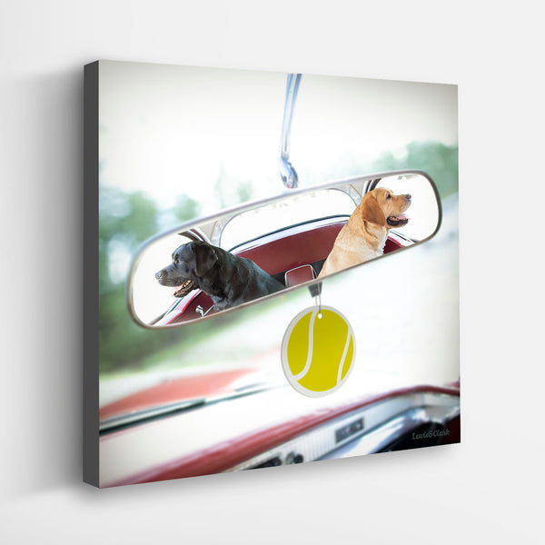 HIT THE ROAD Dog Canvas Art  Print - Labradors in Vintage Car Wall Art