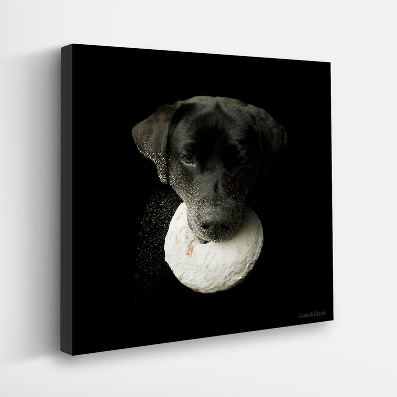 HOMER Dog With Donut Canvas Art Print  - Black Labrador Doughnut Artwork