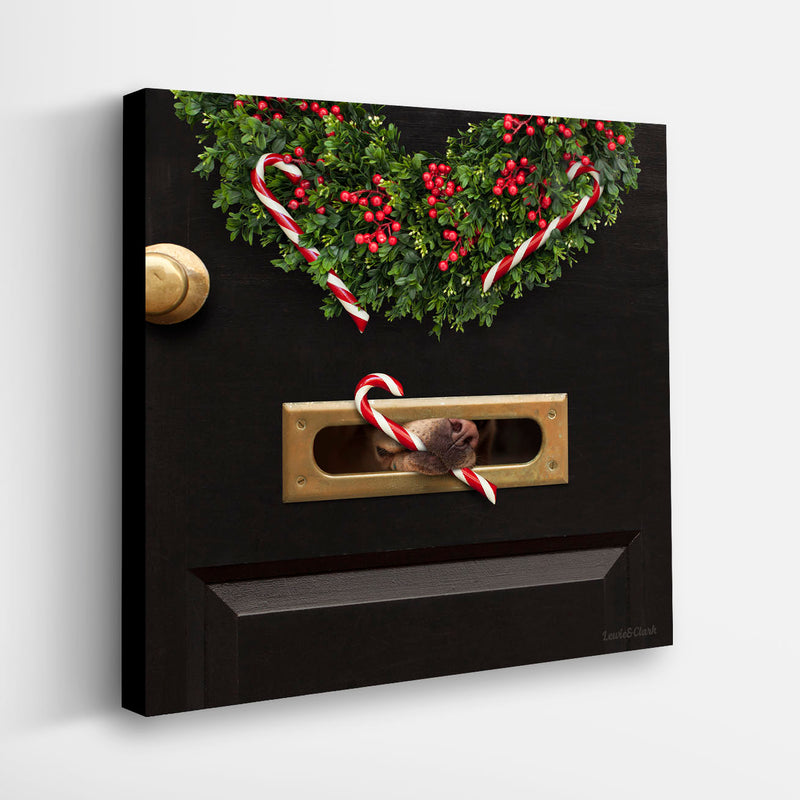 KANE Holiday Dog Canvas Art Print - Labrador and Wreath - Candy Cane Christmas Decor