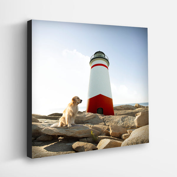 KEEPER Lighthouse Dog Canvas Art Print  -  Golden Retriever Coastal Decor