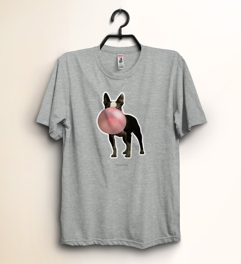 Grey Color Boston Terrier Shirt - Dog Blowing Pink Bubble Gum T-Shirt - Gifts for Dog Lovers Kids Girl Boy Youth- Cute and Funny Dog Tee- Unisex Shirts for Dog Owners *Free Shipping by Worlds Best Top Dog Photographer Ron Schmidt