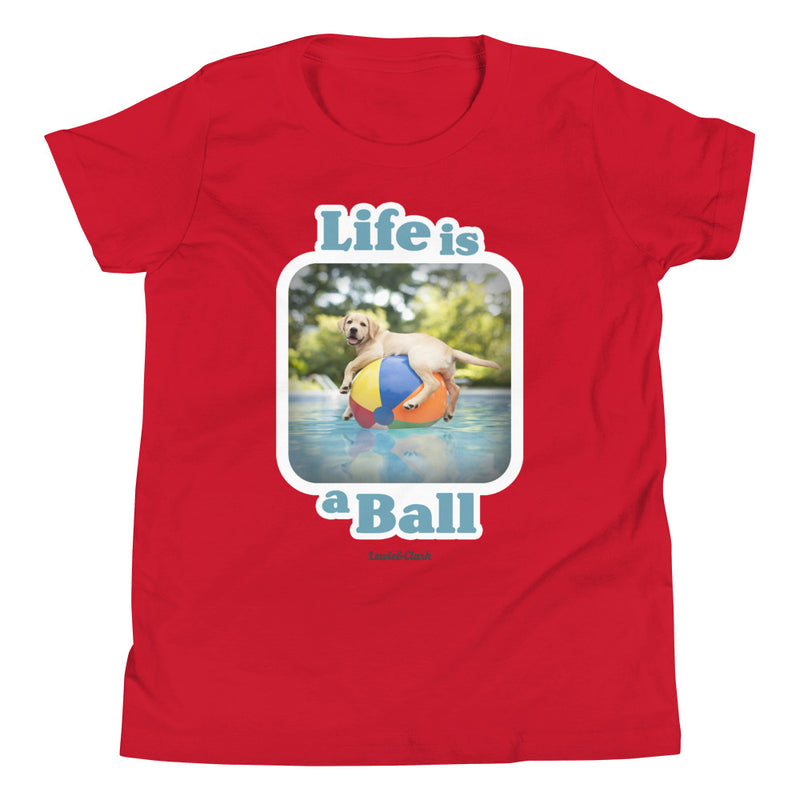 Red Shirt - Lab on Beach Ball in Pool - Dog shirt, kids dog shirt, Fun, Puppy, Dog, Pool, Shirt for dog lover, Dog gift for kid, Gift for dog lover, Lab Shirt, Labrador Retriever, Puppy t-shirt, t-shirt, Shirt, Tee, Dog T-shirt for Girl, Dog Shirt for Boy, beach ball shirt, Pool party shirt, Kids, Short sleeved, 100% cotton, World's Top Best Dog photographer Ron Schmidt, Lewie and Clark