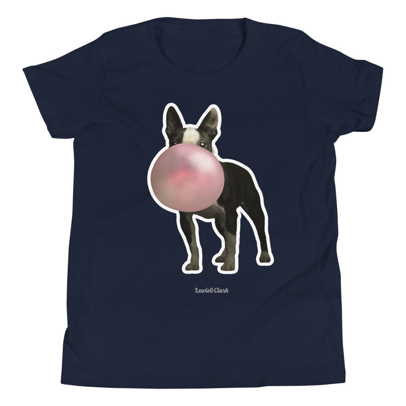 Navy Color Boston Terrier Shirt - Dog Blowing Pink Bubble Gum T-Shirt - Gifts for Dog Lovers Kids Girl Boy Youth- Cute and Funny Dog Tee- Unisex Shirts for Dog Owners *Free Shipping by Worlds Best Top Dog Photographer Ron Schmidt