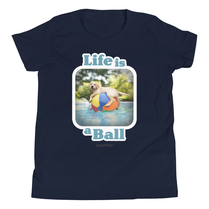 Navy Option Lab on Beach Ball in Pool - Dog shirt, kids dog shirt, Fun, Puppy, Dog, Pool, Shirt for dog lover, Dog gift for kid, Gift for dog lover, Lab Shirt, Labrador Retriever, Puppy t-shirt, t-shirt, Shirt, Tee, Dog T-shirt for Girl, Dog Shirt for Boy, beach ball shirt, Pool party shirt, Kids, Short sleeved, 100% cotton, World's Top Best Dog photographer Ron Schmidt, Lewie and Clark
