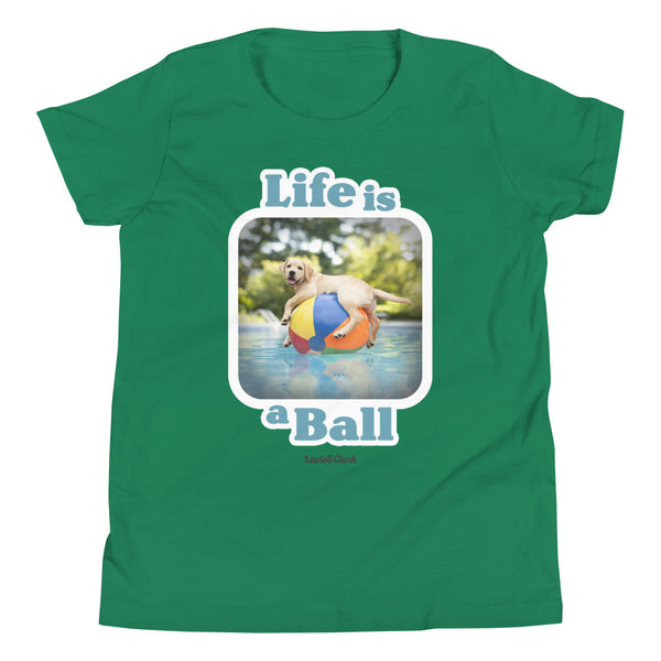 Green Option - Lab on Beach Ball in Pool - Dog shirt, kids dog shirt, Fun, Puppy, Dog, Pool, Shirt for dog lover, Dog gift for kid, Gift for dog lover, Lab Shirt, Labrador Retriever, Puppy t-shirt, t-shirt, Shirt, Tee, Dog T-shirt for Girl, Dog Shirt for Boy, beach ball shirt, Pool party shirt, Kids, Short sleeved, 100% cotton, World's Top Best Dog photographer Ron Schmidt, Lewie and Clark