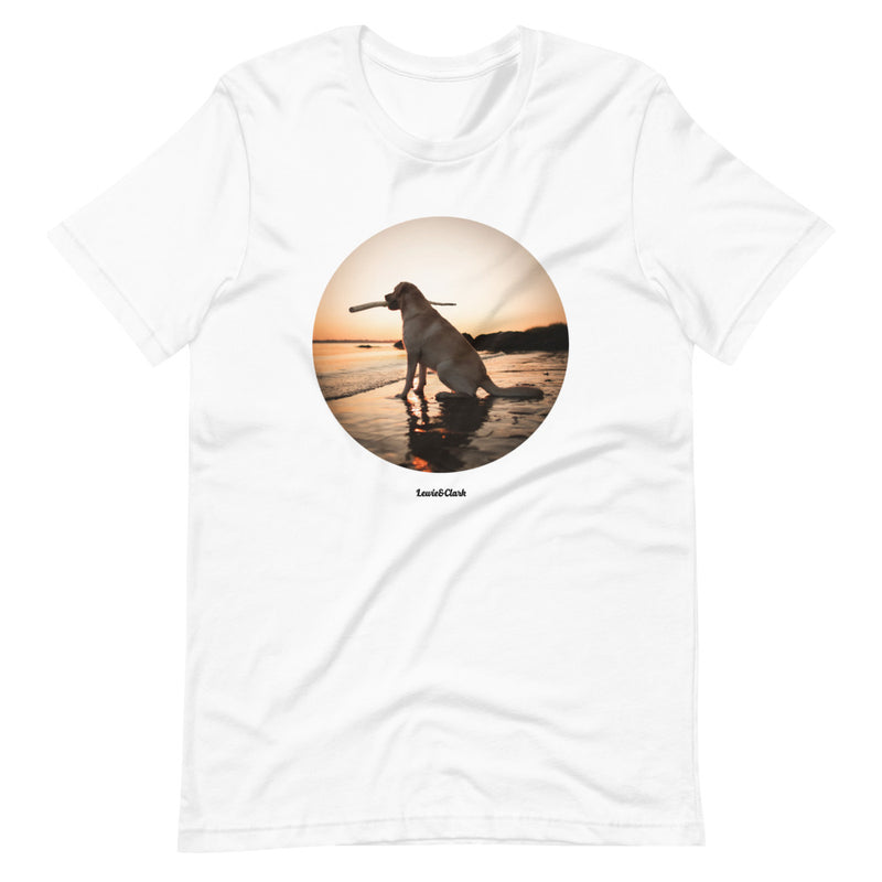 Dog at Beach Sunset T-Shirt - Yellow Labrador Tee - Dog Lover Shirt