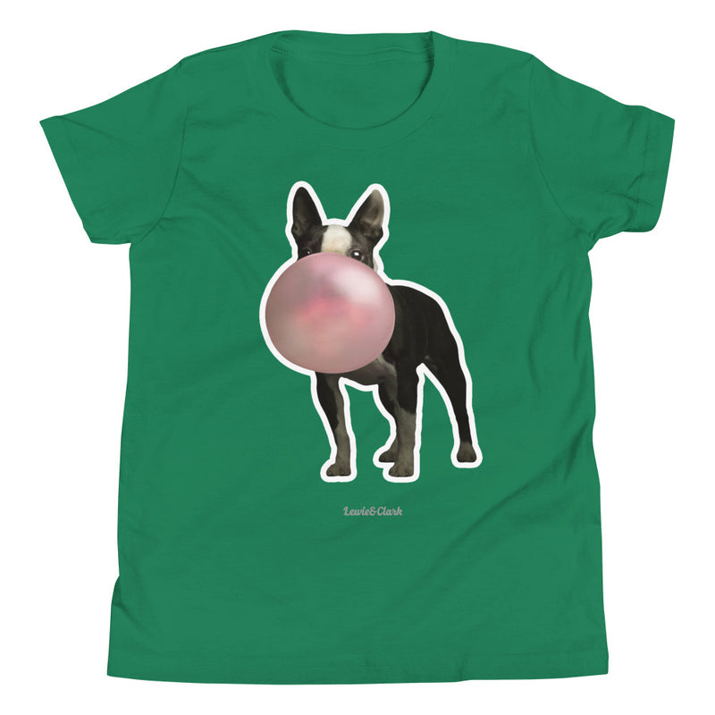 Green Color Boston Terrier Shirt - Dog Blowing Pink Bubble Gum T-Shirt - Gifts for Dog Lovers Kids Girl Boy Youth- Cute and Funny Dog Tee- Unisex Shirts for Dog Owners *Free Shipping by Worlds Best Top Dog Photographer Ron Schmidt