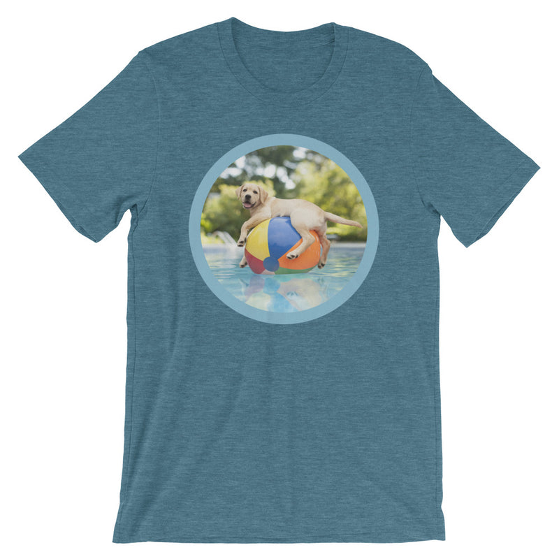 Dog on Beachball in Pool T-shirt - Dog Lover Tee - Yellow Labrador Retriever Shirt