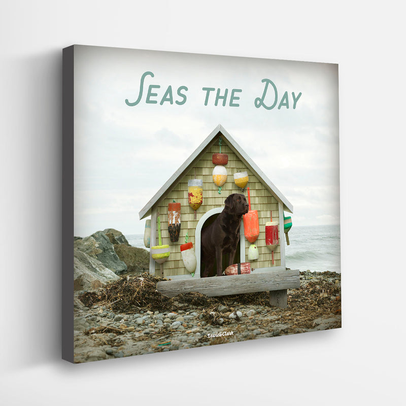 Seas the Day Quote Black Labrador by Lobster Shack on Ocean Beach Canvas. Fun, colorful & unique dog art for beach house feel by dog photographer Ron Schmidt