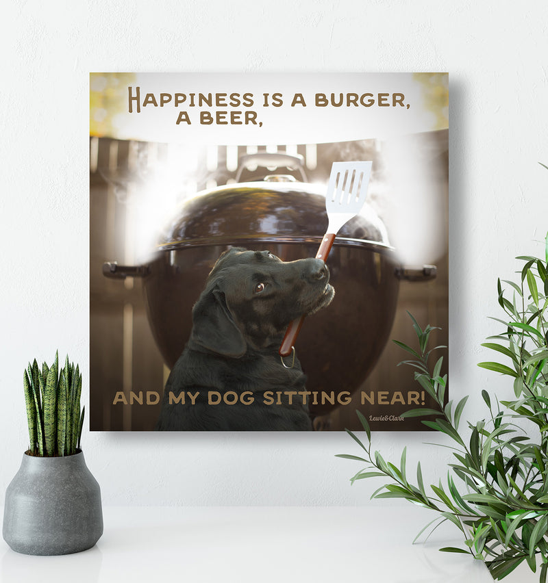 Beer, Barbecue, Dog Canvas - "Happiness Is..." Fun BBQ, Grilling, Beer Gift for Dad, Husband, Son, Father, Boyfriend - Black Labrador Art - Quote on Canvas Art Wall Decor Gift for Dog Lover