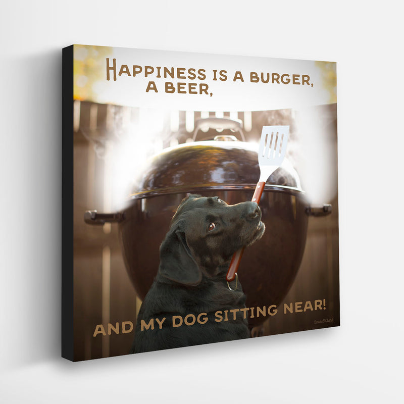 Beer, Barbecue, Dog Canvas - "Happiness Is..." Fun BBQ, Grilling, Beer Gift for Dad, Husband, Son, Father, Boyfriend - Black Labrador Art - Quote on Canvas Art Wall Decor Gift for Dog Lover