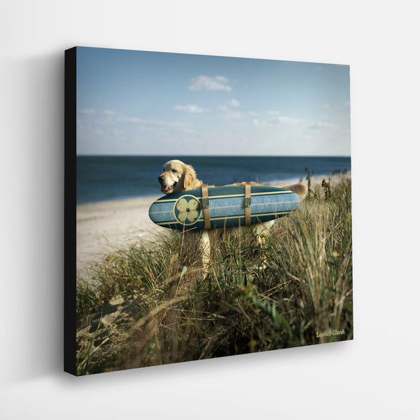 Golden Retriever with Surfobard in shades of Blue, WOODY - Beach Dog Surfer Golden Retriever Dog Wall Art on Print or Canvas. Surfing Art Print for Home, Bedroom, Office, Beach House