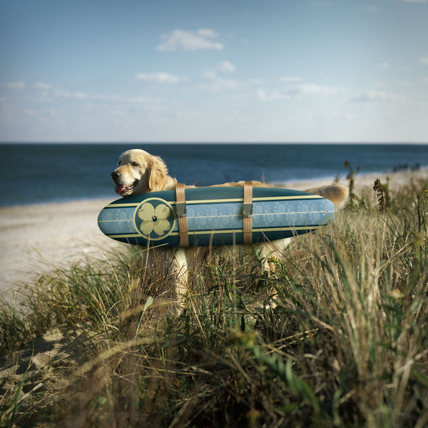 Golden Retriever with Surfobard in shades of Blue, WOODY - Beach Dog Surfer Golden Retriever Dog Wall Art on Print or Canvas. Surfing Art Print for Home, Bedroom, Office, Beach House
